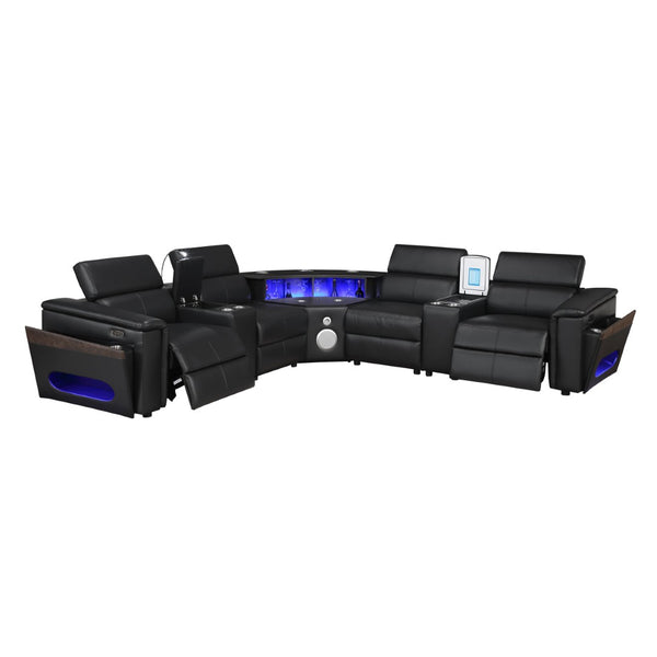 English Elm Nova Tech Sectional with Led Bar Bluetooth Speakers Power Recliners and Freezer Console Black B009S02165