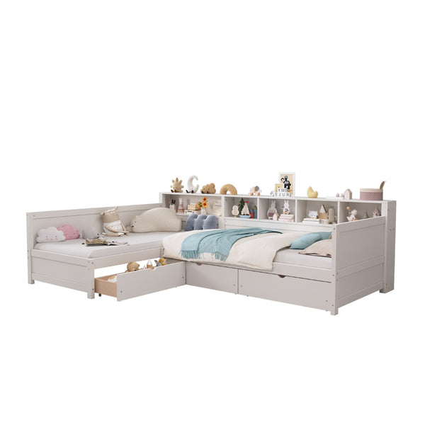 English Elm Twin Corner Daybed with Storage Drawers Bookshelf Wood L-shape Frame for Small Rooms White N733S369272K