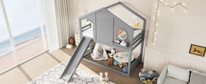 English Elm Full Bunk Bed with Trundle Bookshelf Storage Pine Frame Car Design for Kids Gray W1580S00465