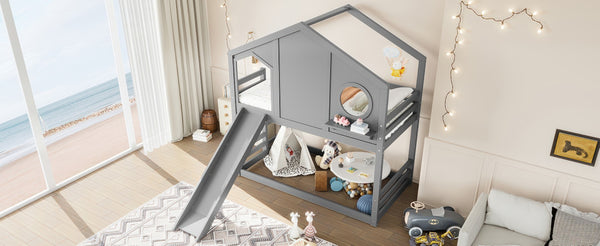 English Elm Full Bunk Bed with Trundle Bookshelf Storage Pine Frame Car Design for Kids Gray W1580S00465