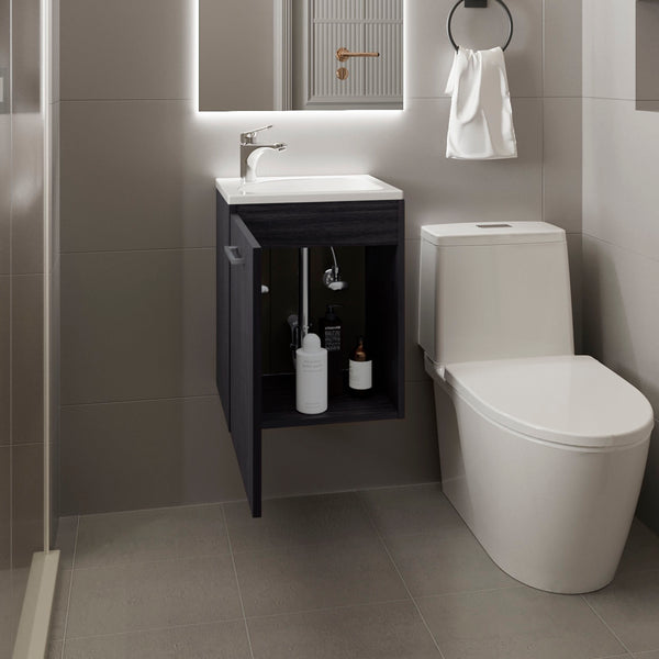English Elm Saju 15.7" Floating One-Door Vanity Cabinet with Resin Sink, Black Wenge, Slim Modern Storage B200P335375