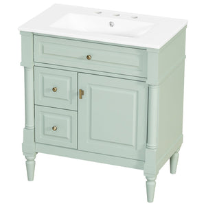 English Elm 30" Freestanding Bathroom Vanity Rubberwood Frame Ceramic Sink Flip Drawer Storage Green N725P356062F