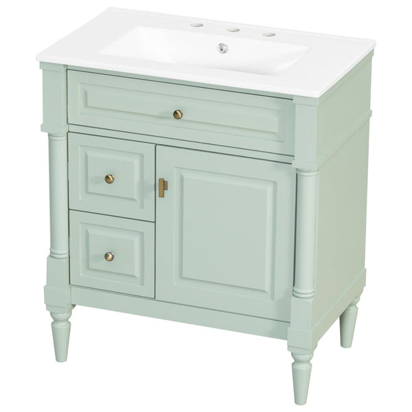 English Elm 30" Freestanding Bathroom Vanity Rubberwood Frame Ceramic Sink Flip Drawer Storage Green N725P356062F