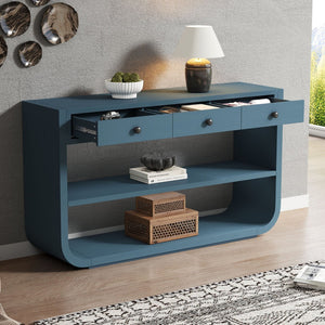 English Elm [video] Sculptural Console Table Pine Wood Curved Legs Soft-close Drawers Open Shelving Entryway Blue N759P433560C