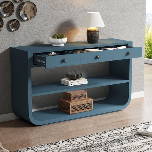 English Elm [video] Sculptural Console Table Pine Wood Curved Legs Soft-close Drawers Open Shelving Entryway Blue N759P433560C