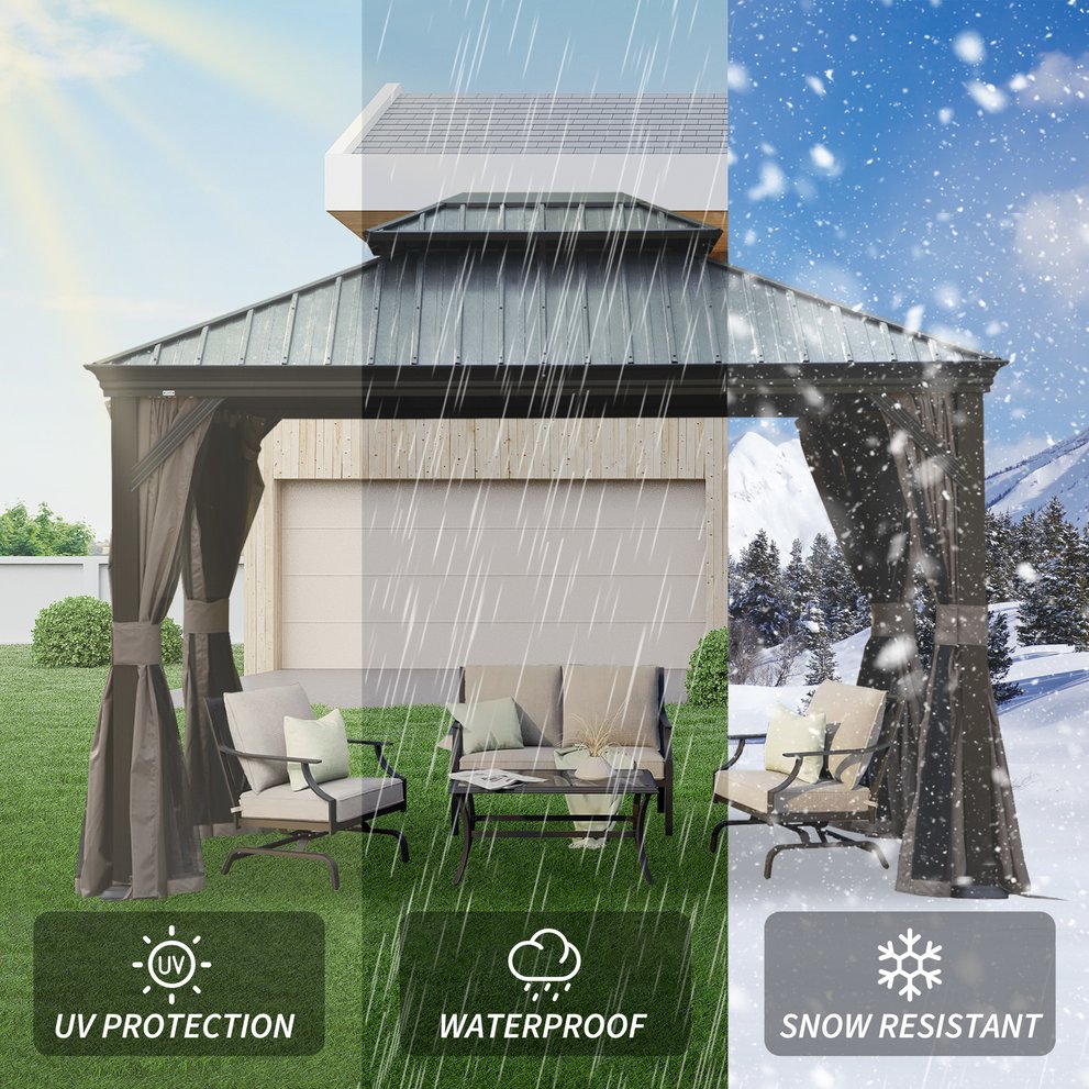 English Elm 10' X 12' Hardtop Gazebo - Durable Metal Canopy With Drainage, Curtains & Netting For Outdoor Relaxation W1859S00134