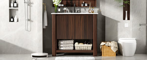 English Elm Christopher Knight Home® - 36" Modern Wall-Mounted Bathroom Vanity with Ceramic Sink, Soft-Close Doors, Fluted Accent & Open Shelves Antique brown N817P245321B