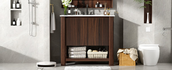 English Elm Christopher Knight Home® - 36" Modern Wall-Mounted Bathroom Vanity with Ceramic Sink, Soft-Close Doors, Fluted Accent & Open Shelves Antique brown N817P245321B