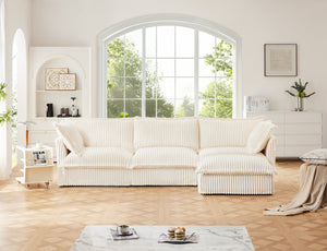 English Elm L-Shaped Slipcovered Sectional Sofa - Plush Corduroy Couch With Convertible Ottoman & Big Pillows W3041S00021