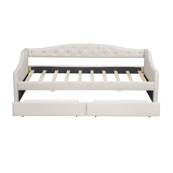 English Elm Upholstered Twin XL Daybed with LED Belt and Two Underbed Drawers, Linen Backrest, Modern Storage Elegance Beige DL002060AAA