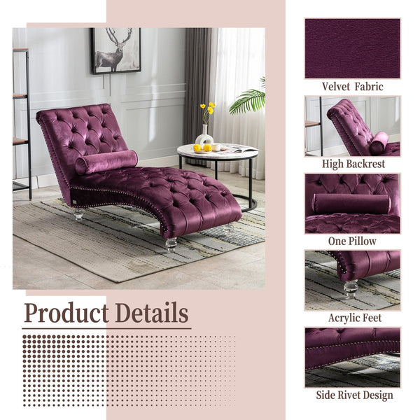 English Elm Velvet Curved Chaise Lounge Sofa with Button-Tufted Upholstery, Foam Seat, Acrylic Legs, Stylish Relaxation Purple W39538679