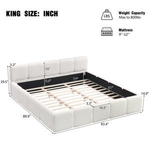 English Elm Queen Boucle Upholstered Platform Bed Low Profile Block Silhouette for Modern Bedroom N757P385454W