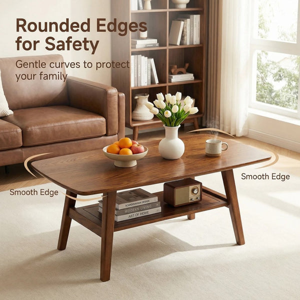 English Elm Mid Century Modern Solid Oak Two Tier Coffee Table with Open Shelf for Living Room Walnut W3204P469105