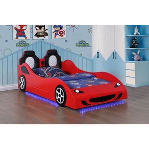 English Elm Solana Race Car Twin Bed with LED Underglow Lights, Padded Seat Headboard & Realistic Wheels - Red B062S01111