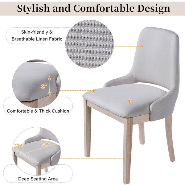 English Elm Wooden Linen Upholstered Dining Chairs Set of 2 — Sturdy Rubber Wood Frame, 300lb Capacity, Farmhouse Appeal Beige+Natural N842P300893A