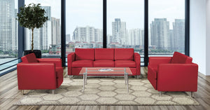 OSP Home Furnishings Pacific Faux Leather Contemporary Sofa with Chrome Legs for Modern Living Spaces Lipstick PAC53-R100