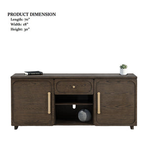 English Elm Transitional Vellara 70" TV Console Dark Walnut Finish Recessed Panels Gold Hardware, 70"W Stylish B2741P402569