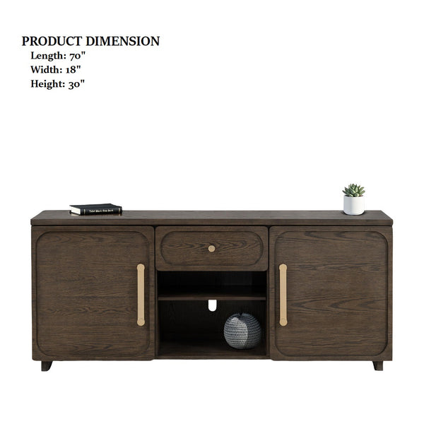 English Elm Transitional Vellara 70" TV Console Dark Walnut Finish Recessed Panels Gold Hardware, 70"W Stylish B2741P402569