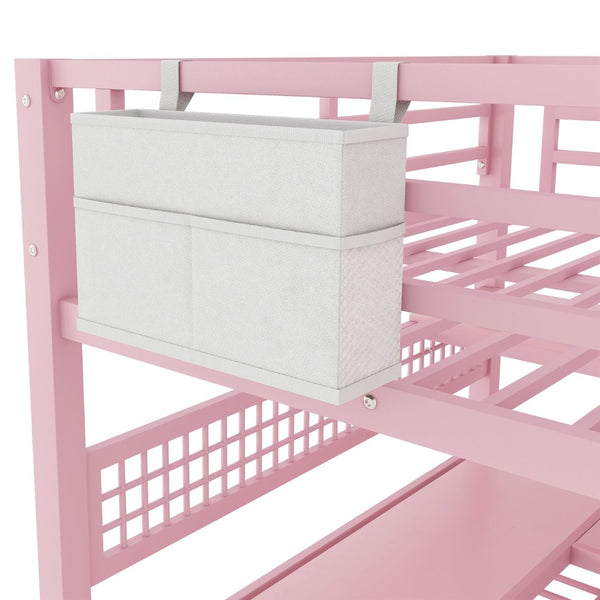 English Elm Full Size Steel Loft Bed with Staircase Storage Wardrobe Desk and Led Lighting Pink W2593S00077
