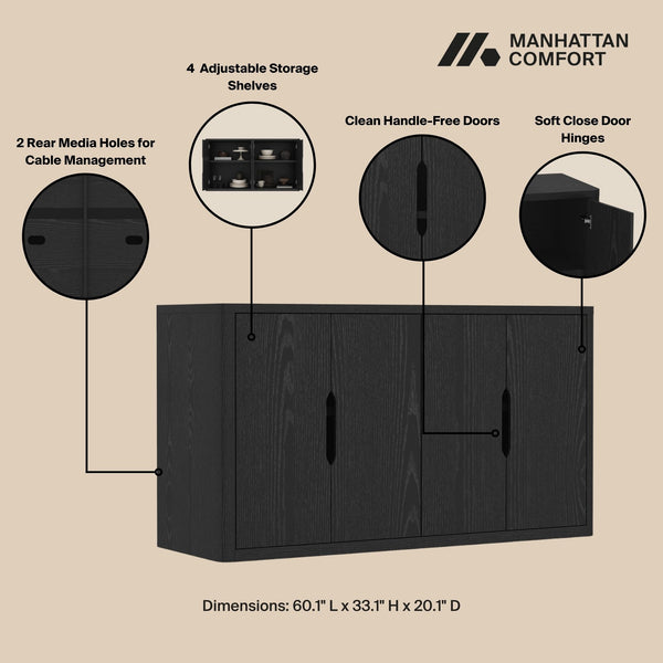 English Elm Rivington 60" Sideboard with 4 Soft-Close Doors, Adjustable Shelves, Media Management, TV Stand Black B365P397673