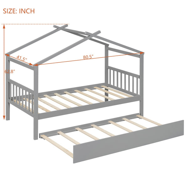 English Elm Twin House Bed Solid Pine Cottage Frame with Pull Out Trundle for Kids Bedroom Gray N708P309238E