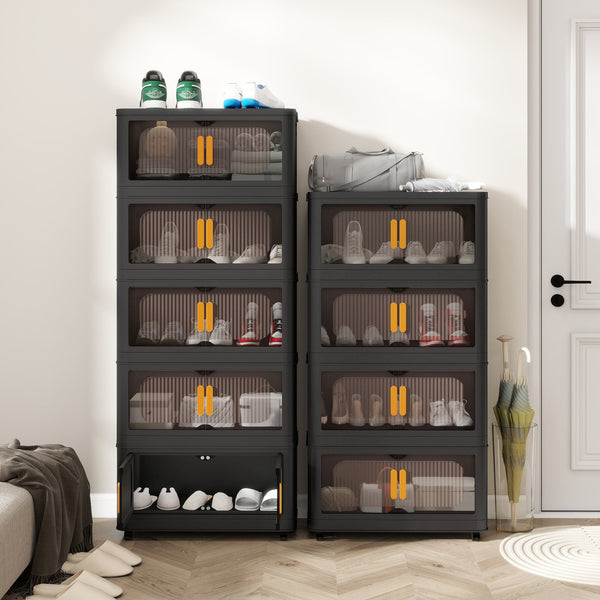 English Elm Black,24" Folding Storage Cabinet 4-Tier Collapsible Plastic Organizer with Wheels, Magnetic Door, Durable PP W2873P289712