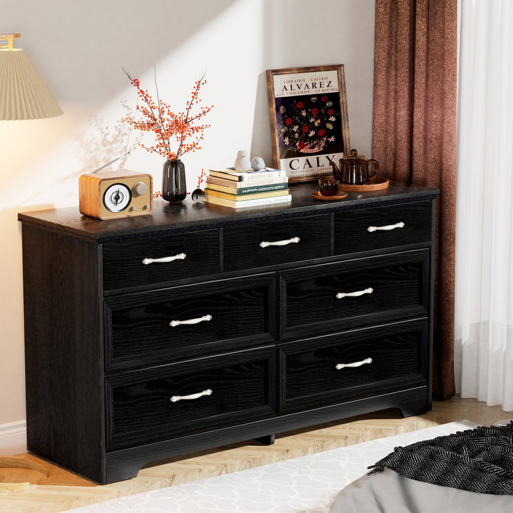 English Elm Modern Sleek 3-Drawer Chest with Antique Gold Knobs, Waterproof MDF, Anti-Tip Safety, Spacious Organizer Black W1668P182250