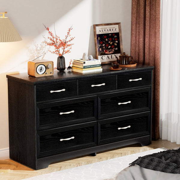 English Elm Modern Sleek 3-Drawer Chest with Antique Gold Knobs, Waterproof MDF, Anti-Tip Safety, Spacious Organizer Black W1668P182250