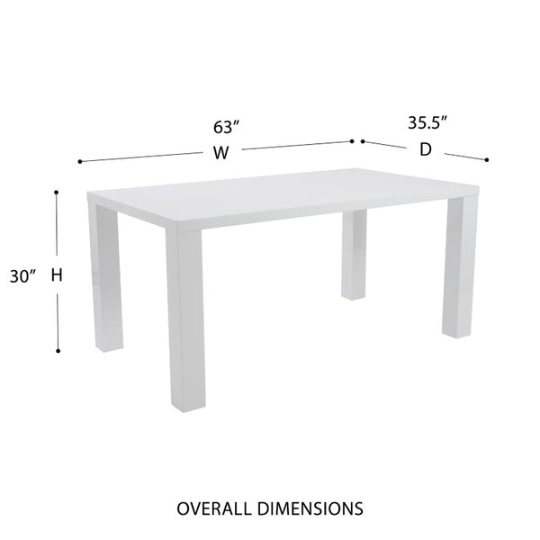 EuroStyle Abby 63 Inch Gloss Lacquer Rectangular Dining Table Seats 6 for Modern Spaces White 09778WHT-KIT