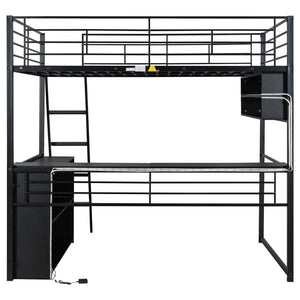 English Elm Full Metal Loft Bed with LED Desk & 4 Shelves, Black – Sturdy Full Frame, Color-Changing Lights, Compact GX000653AAB