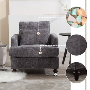 English Elm Wood Frame Armchair Ergonomic Tufted Chenille Lounge Chair with Studded Trim and Solid Wood Frame Gray W395P151908