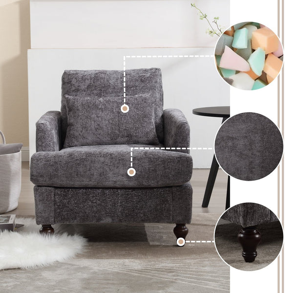 English Elm Wood Frame Armchair Ergonomic Tufted Chenille Lounge Chair with Studded Trim and Solid Wood Frame Gray W395P151908