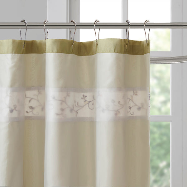 JLA Home Madison Park - Faux Luxurious Embroidered Floral Shower Curtain — Silky Finish, Machine Washable, Boutique Hotel Style Green MP70-1918