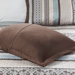 English Elm 5 Piece Princeton Reversible Jacquard Quilt Set Blue Full/Queen - Chocolate Base, Medallion, Embroidered Pillows, Luxe Texture B03597539