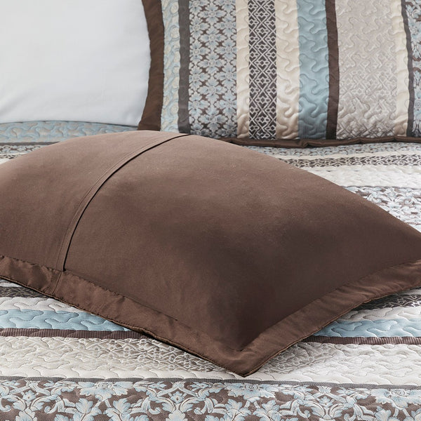 English Elm 5 Piece Princeton Reversible Jacquard Quilt Set Blue Full/Queen - Chocolate Base, Medallion, Embroidered Pillows, Luxe Texture B03597539