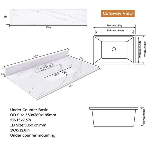 English Elm 43 Inch Marble Vanity Top - Elegant Bianco Carrara Venato With Undermount Sink & 3 Faucet Holes W2700P194077