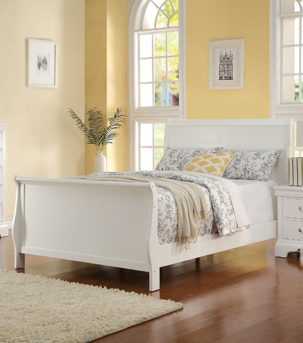 English Elm Modern French Inspired Full Sleigh Bed White Finish Curved Panels Elegant Bedroom Frame B011S01138