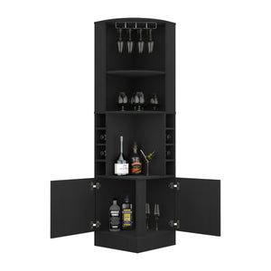 English Elm Kava Corner Bar Cabinet with Glass Rack, 8 Bottle Cubbies, 12-Glass Holder, Double Door Black B070S00165
