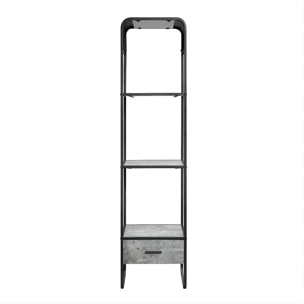 English Elm Modern Concrete Gray Side Pier with Drawer & Black Metal Frame, Open Shelves for Stylish Storage B2741P337176