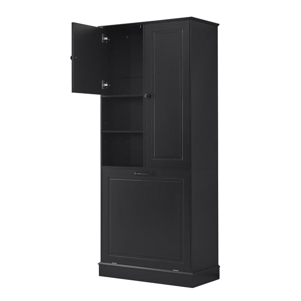 English Elm Tall Storage Cabinet with Flip-Out Basket, Adjustable Shelves & Aluminum Handles for Organized Living Black N725P322739B