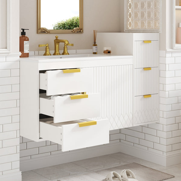 English Elm 30" Bathroom Vanity with Sink — Wall-Mounted Ceramic Basin, Soft-Close Storage, Floating Modern Design White N710S324096K