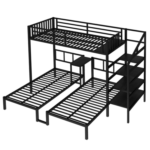 English Elm Twin Bunk Beds For 3 With Desk & Shelves, Space-Saving Metal Triple Bunk Bed, Noise Reduction, Black W1580S00116-GIGA