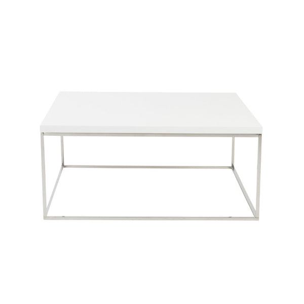 EuroStyle Teresa Square Coffee Table Lacquered Top with Stainless Steel Base for Modern Living White/Polished Stainless Steel 09800WHT