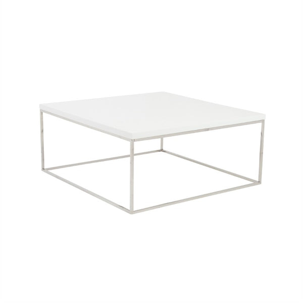 EuroStyle Teresa Square Coffee Table Lacquered Top with Stainless Steel Base for Modern Living White/Polished Stainless Steel 09800WHT