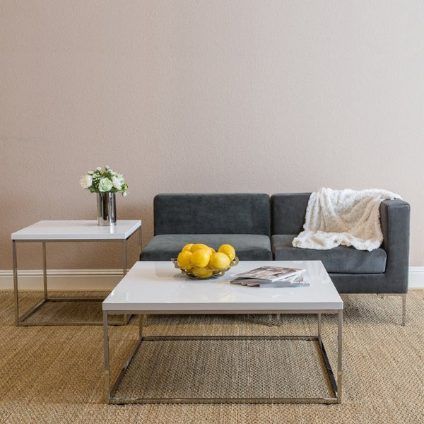 EuroStyle Teresa Square Coffee Table Lacquered Top with Stainless Steel Base for Modern Living White/Polished Stainless Steel 09800WHT