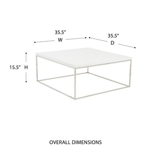EuroStyle Teresa Square Coffee Table Lacquered Top with Stainless Steel Base for Modern Living White/Polished Stainless Steel 09800WHT
