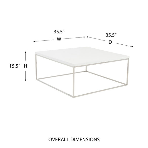EuroStyle Teresa Square Coffee Table Lacquered Top with Stainless Steel Base for Modern Living White/Polished Stainless Steel 09800WHT