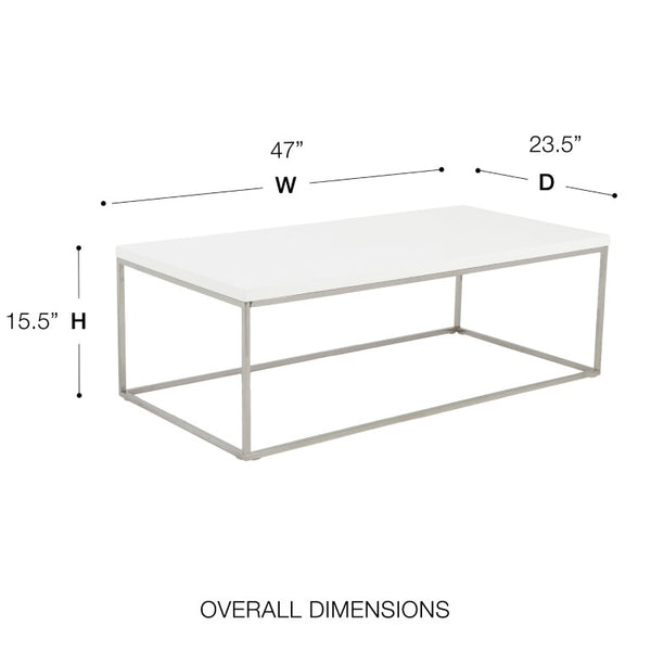 EuroStyle Teresa Rectangular Lacquered Top Coffee Table with Sleek Stainless Steel Base White/Polished Stainless Steel 09801WHT