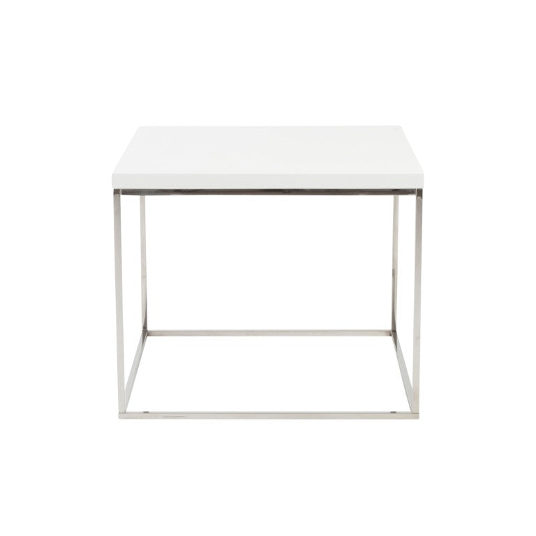 EuroStyle Teresa Square End Table Lacquered White Top with Gleaming Steel Base for Modern Rooms High Gloss White/Polished Stainless Steel 09802WHT