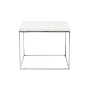 EuroStyle Teresa Square End Table Lacquered White Top with Gleaming Steel Base for Modern Rooms High Gloss White/Polished Stainless Steel 09802WHT